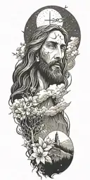 Jesus Christ's resurrection, different types of flowers, Trees, clouds of fire, nature, stars, mountains, strength tattoo design idea