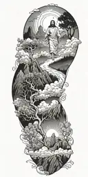 Jesus Christ's resurrection, different types of flowers, Trees, clouds of fire, nature, stars, mountains, strength tattoo design idea