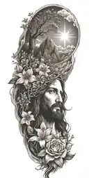 Jesus Christ's resurrection, different types of flowers, Trees, clouds of fire, animals, nature, stars, mountains tattoo design idea