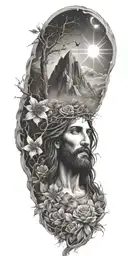 Jesus Christ's resurrection, different types of flowers, Trees, clouds of fire, animals, nature, stars, mountains tattoo design idea