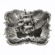 Destroyed ghost pirate ship going through a massive storm tattoo design idea