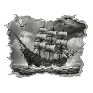 Destroyed spooky ghost pirate ship going through a massive storm  tattoo design idea