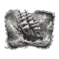 Destroyed spooky ghost pirate ship going through a massive storm  tattoo design idea