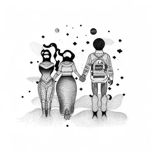 A group of friends holding hands and floating in zero gravity tattoo design idea