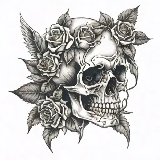 skull and roses and thorns with blind crying angel tattoo design idea