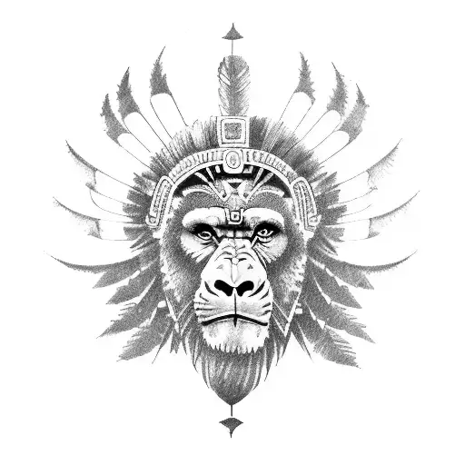 a totem pole with a lion, a gorilla, an owl, a monkey, a Roman legionnaire and a Mayan Indian are fighting in the backgr tattoo design idea