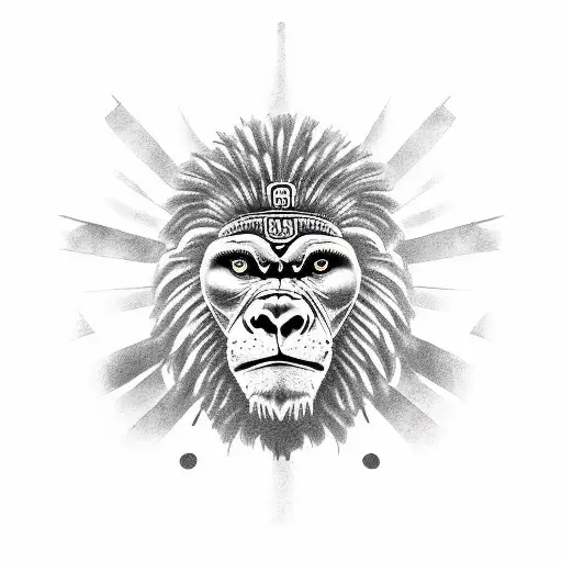 a totem pole with a lion, a gorilla, an owl, a monkey, a Roman legionnaire and a Mayan Indian are fighting in the backgr tattoo design idea