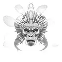 a totem pole with a lion, a gorilla, an owl, a monkey, a Roman legionnaire and a Mayan Indian are fighting in the backgr tattoo design idea