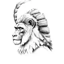 a totem pole with a lion, a gorilla, an owl, a monkey, a Roman legionnaire and a Mayan Indian are fighting in the backgr tattoo design idea