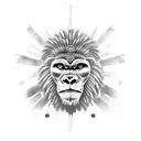 a totem pole with a lion, a gorilla, an owl, a monkey, a Roman legionnaire and a Mayan Indian are fighting in the backgr tattoo design idea