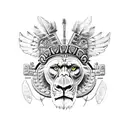 a totem pole with a lion, a gorilla, an owl, a monkey, a Roman legionnaire and a Mayan Indian are fighting in the backgr tattoo design idea