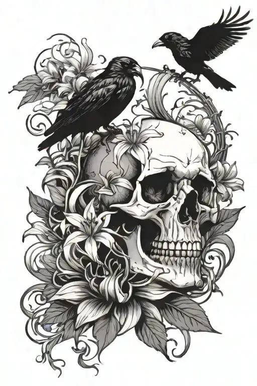 A tattoo design featuring a skull surrounded by spider lilies, with a crow perched on top, inspired by gothic rock music tattoo design idea