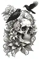 A tattoo design featuring a skull surrounded by spider lilies, with a crow perched on top, inspired by gothic rock music tattoo design idea