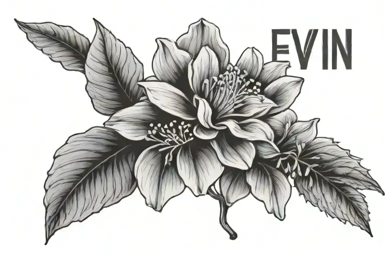 line drawing of june birth flower with the name evelyn written tattoo design idea