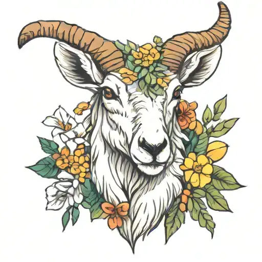 mountain goat with wild flowers intertwined tattoo design idea