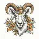mountain goat with wild flowers intertwined tattoo design idea