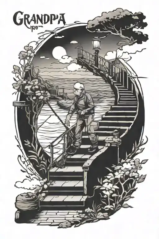 grandpa fishing and walking up on stairs to heaven and with the words gone but not forgotten tattoo design idea