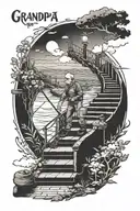 grandpa fishing and walking up on stairs to heaven and with the words gone but not forgotten tattoo design idea