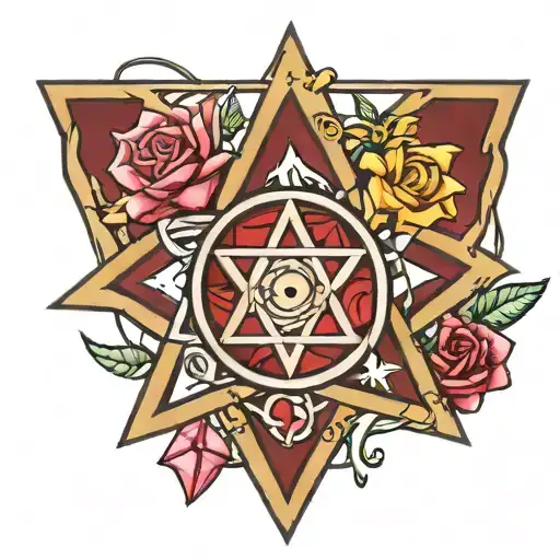 peace sign, star of david, ruby stone tattoo design idea