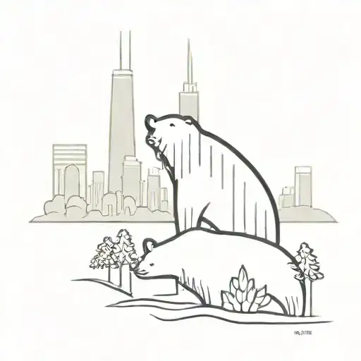A minimalist tattoo of a Chicago cityscape with a bear silhouette in the background, combining your love for the city and nature tattoo design idea
