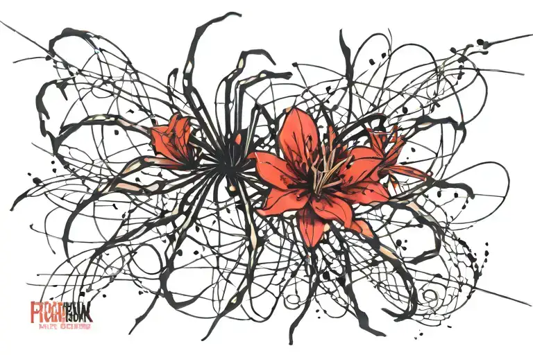 spider lily on a black lightning with a spider in forearm tattoo design idea