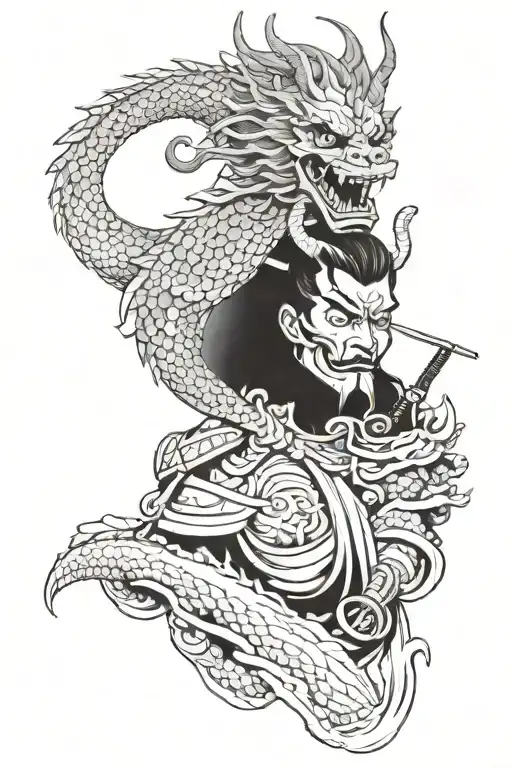 Japanese dragon behind a samurai in an oni mask with smoke on the sides tattoo design idea