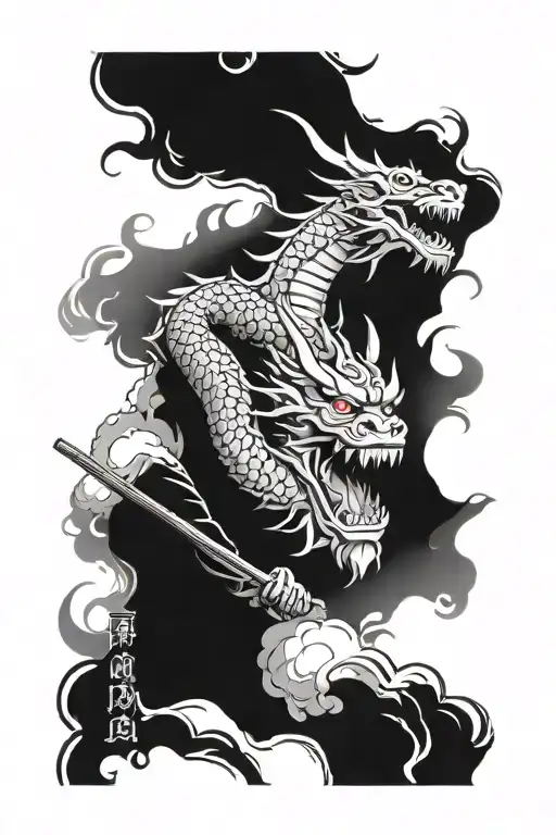 Japanese dragon behind a samurai in an oni mask with smoke on the sides tattoo design idea