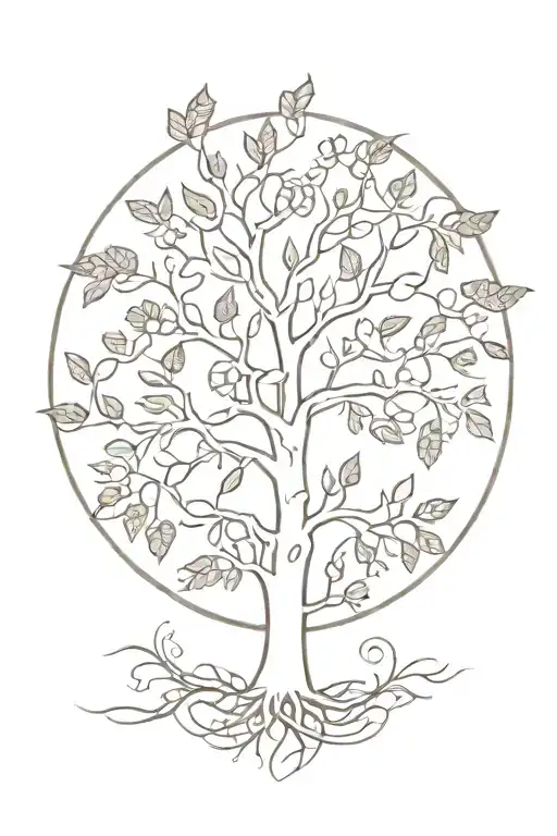 A family tree with cultural symbols as leaves, intertwined with the broken road and sketched plants surrounding it tattoo design idea