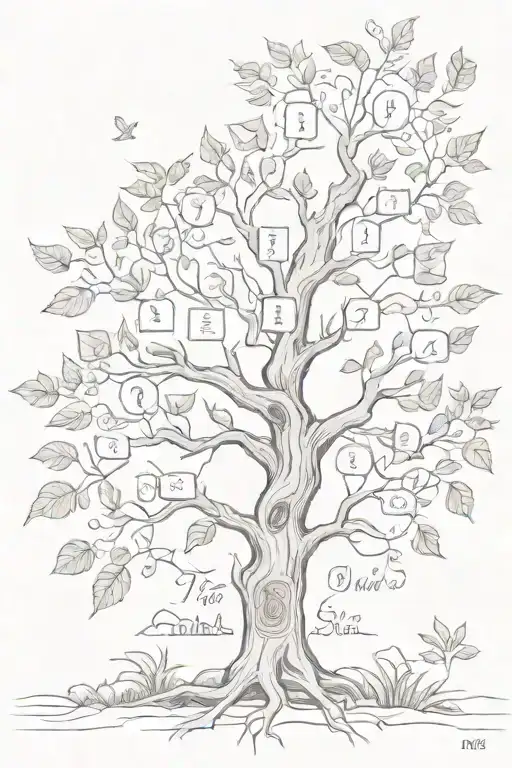 A family tree with cultural symbols as leaves, intertwined with the broken road and sketched plants surrounding it tattoo design idea