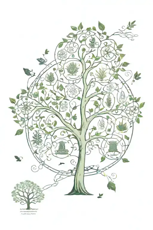 A family tree with cultural symbols as leaves, intertwined with the broken road and sketched plants surrounding it tattoo design idea