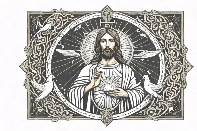 jesus, mary and doves with sunshine tattoo design idea