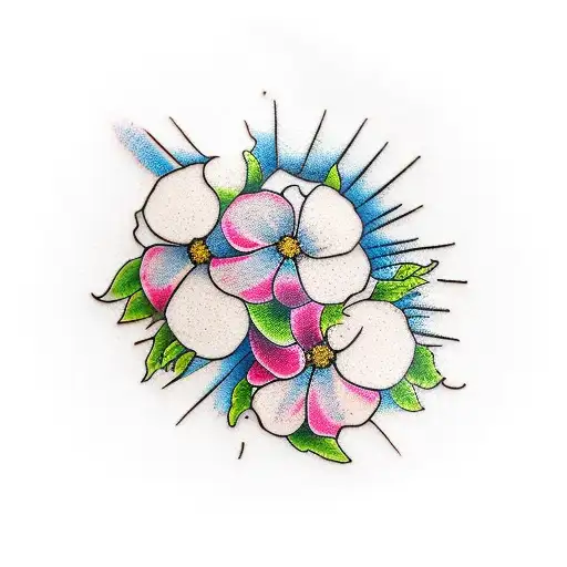 circular band of dogwood flowers around the top of a forearm tattoo design idea