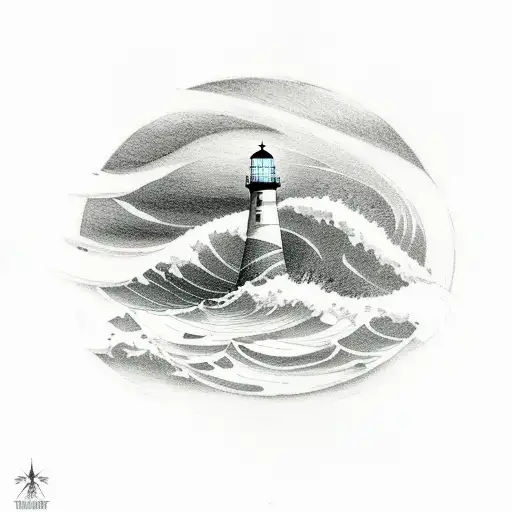 A minimalist tattoo of a lighthouse overlooking a tranquil ocean wave as the sun sets in the background tattoo design idea