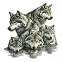 2 adult wolves and 2 wolf pups the 2 wolf pups see there grown up reflection in the water one adult wolf show teeth tattoo design idea