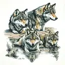 2 adult wolves and 2 wolf pups the 2 wolf pups see there grown up reflection in the water one adult wolf show teeth tattoo design idea