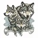 2 adult wolves and 2 wolf pups the 2 wolf pups see there grown up reflection in the water one adult wolf show teeth tattoo design idea