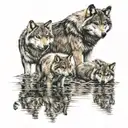 2 adult wolves and 2 wolf pups the 2 wolf pups see there grown up reflection in the water one adult wolf show teeth tattoo design idea