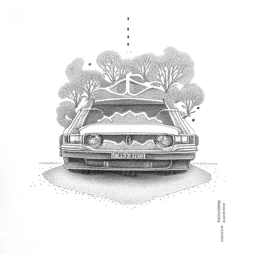 A car driving on a bridge made of tree branches tattoo design idea