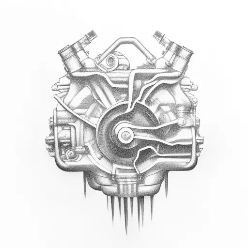 A DIY car engine surrounded by a rainstorm of design tools tattoo design idea