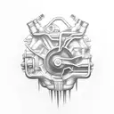 A DIY car engine surrounded by a rainstorm of design tools tattoo design idea