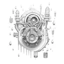 A DIY car engine surrounded by a rainstorm of design tools tattoo design idea