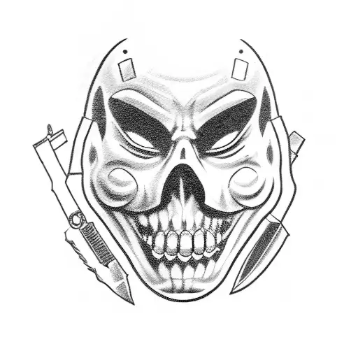 A dark and dangerous comedy mask surrounded by guns tattoo design idea