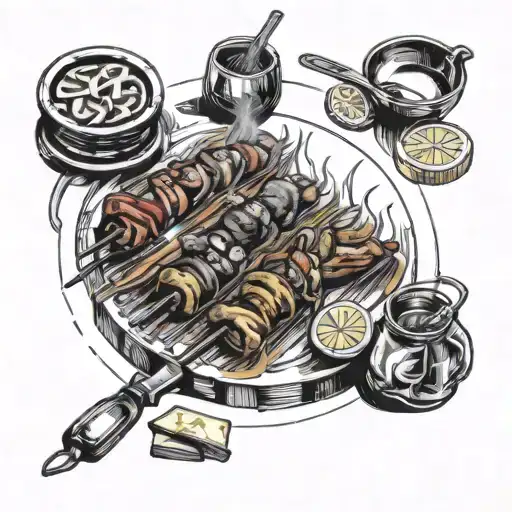 sketch where Dollar, Euro, Hryvnia and Pound Sterling are sitting in a circle and grilling kebabs  tattoo design idea