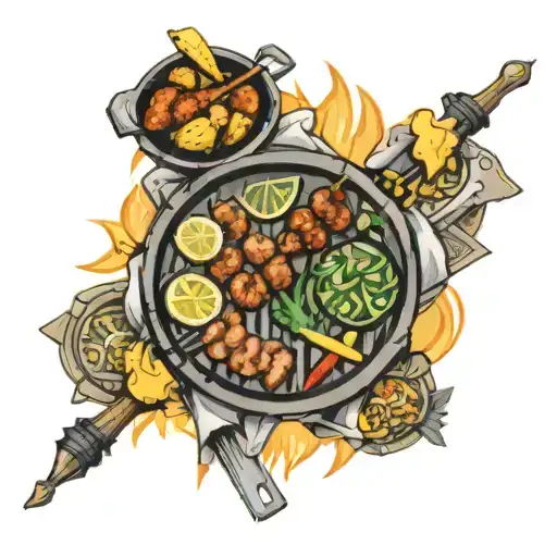 where Dollar, Euro, Hryvnia and Pound Sterling are sitting in a circle and grilling kebabs tattoo design idea