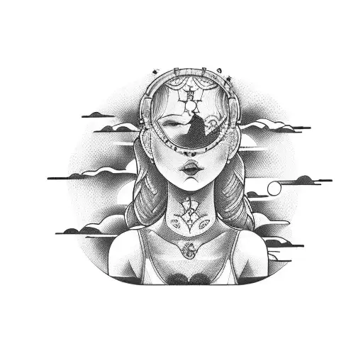 girl's face with tattoos, standing on a ship over the ocean overlooking a sunset tattoo design idea