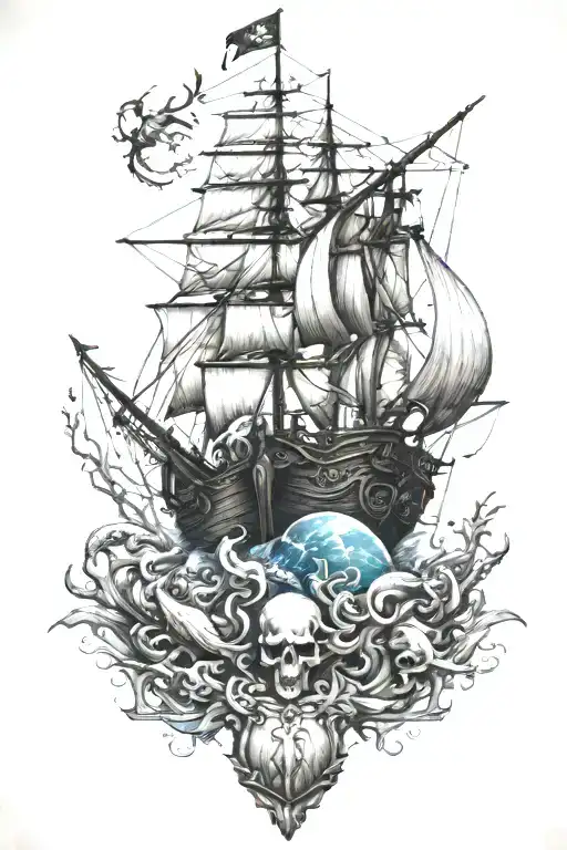 marine theme and details including mythological marine animals, gods and navigation elements, including a ship tattoo design idea