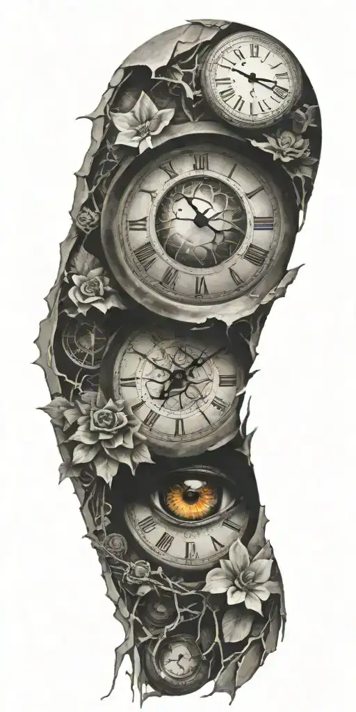 broken clock; eyeball; shattered glass tattoo design idea