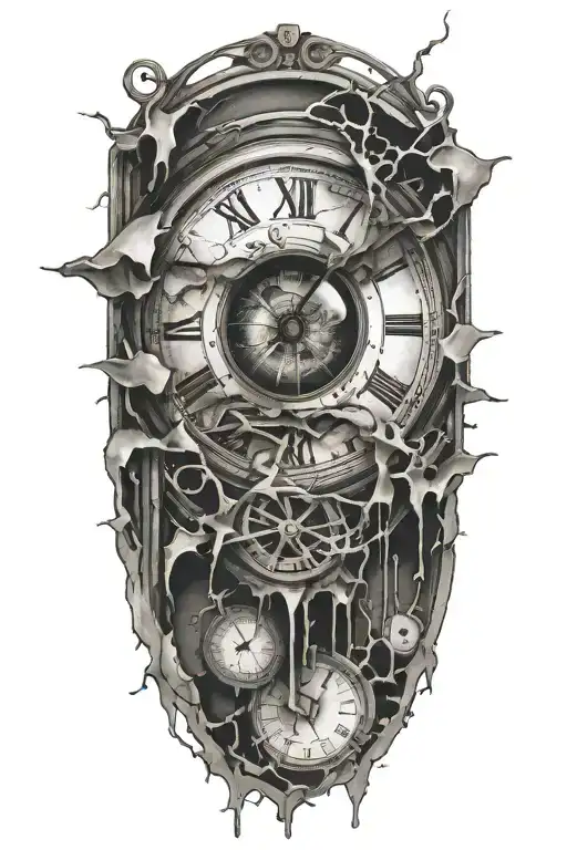 broken clock; eyeball; shattered glass window tattoo design idea