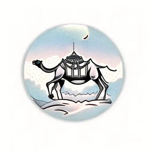 camels with saddle and desert landscape color tattoo design idea