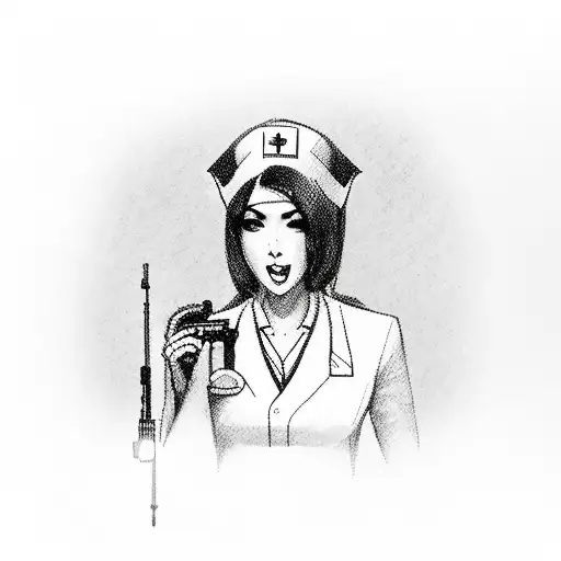 A woman dressed as a nurse takes aim with a syringe-shaped sniper rifle tattoo design idea